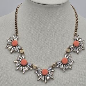 J Crew Goldtone Orange Coral Peach Lucite Rhinestone Statement Necklace